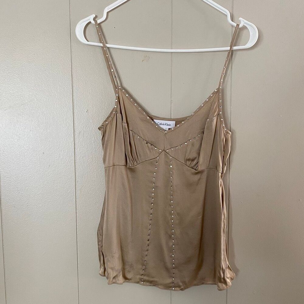 Calvin Klein Satin Studded Cami Top Women’s Size 4 Nude Beige Spaghetti Strap Ta